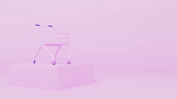 3D görüntüleme. Pembe arka planda pembe market arabası. Satın alma kavramı