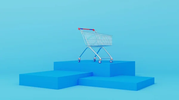 3Dレンダリング 青い表彰台を背景に食料品のカート 調達コンセプト — ストック写真
