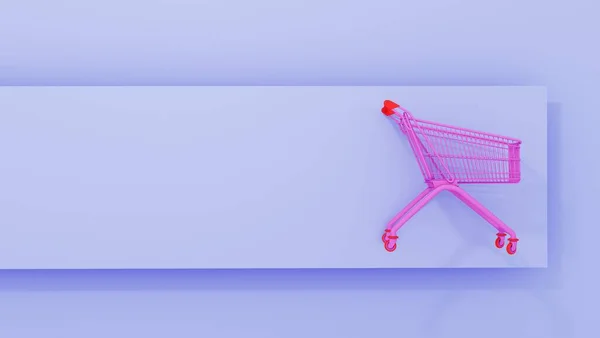 Mavi arka planda pembe alışveriş arabaları. 3d oluşturma