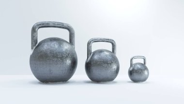 3D görüntüleme. Beyaz arka planda kettlebell 'ler. fitness ekipmanları