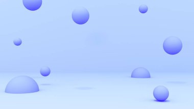 3D görüntüleme. Mavi podyum arka planında mavi balonlar