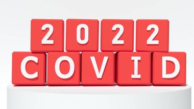 2022 ve COVID numaralı kırmızı bloklar. Yeni yıl konsepti. Uzayı kopyala 3d oluşturma
