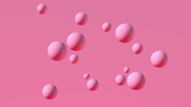 Soyut tema. Pembe arka planda 3 boyutlu pembe küreler. Ürününüzün reklamını yapmak için bir aşama
