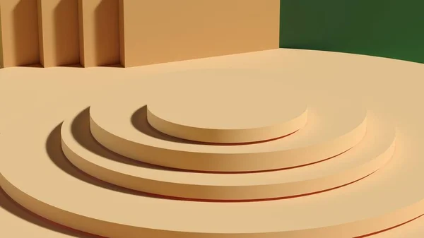 Yeşil arka planda sarı podyumlar. Geometrik şekilli soyut kaide sahnesi. Kozmetik ürünler sunumu için sahne. Tasarım boşluğunu düzenle. Vitrin, dükkan önü, vitrin, 3D görüntüleme