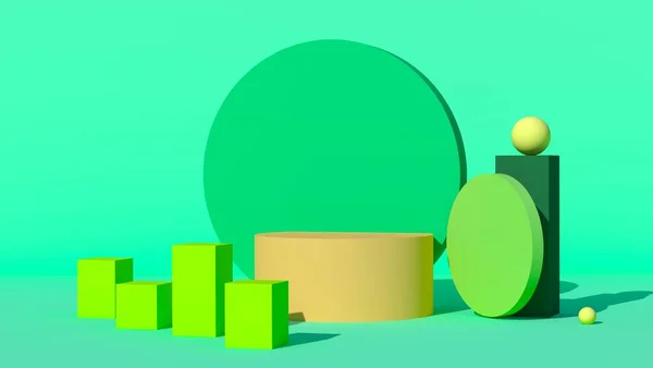 Gele Podia Een Groene Achtergrond Geometrische Figuren Renderen — Stockfoto