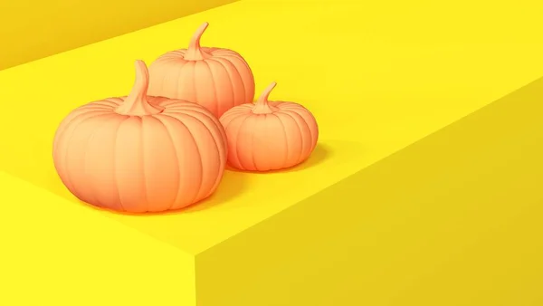 Darstellung Ein Podium Mit Drei Kürbissen Auf Gelb Feiertag Halloween — Stockfoto
