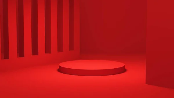 Kırmızı podyumlar. Geometrik şekilli soyut kaide sahnesi. Kozmetik ürünler sunumu için sahne. Tasarım boşluğunu düzenle. Vitrin, dükkan önü, vitrin, 3D görüntüleme