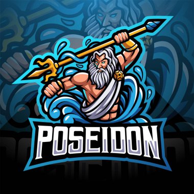 Poseidon Esport maskot logosu dizaynı ve üç dişli bir silah.