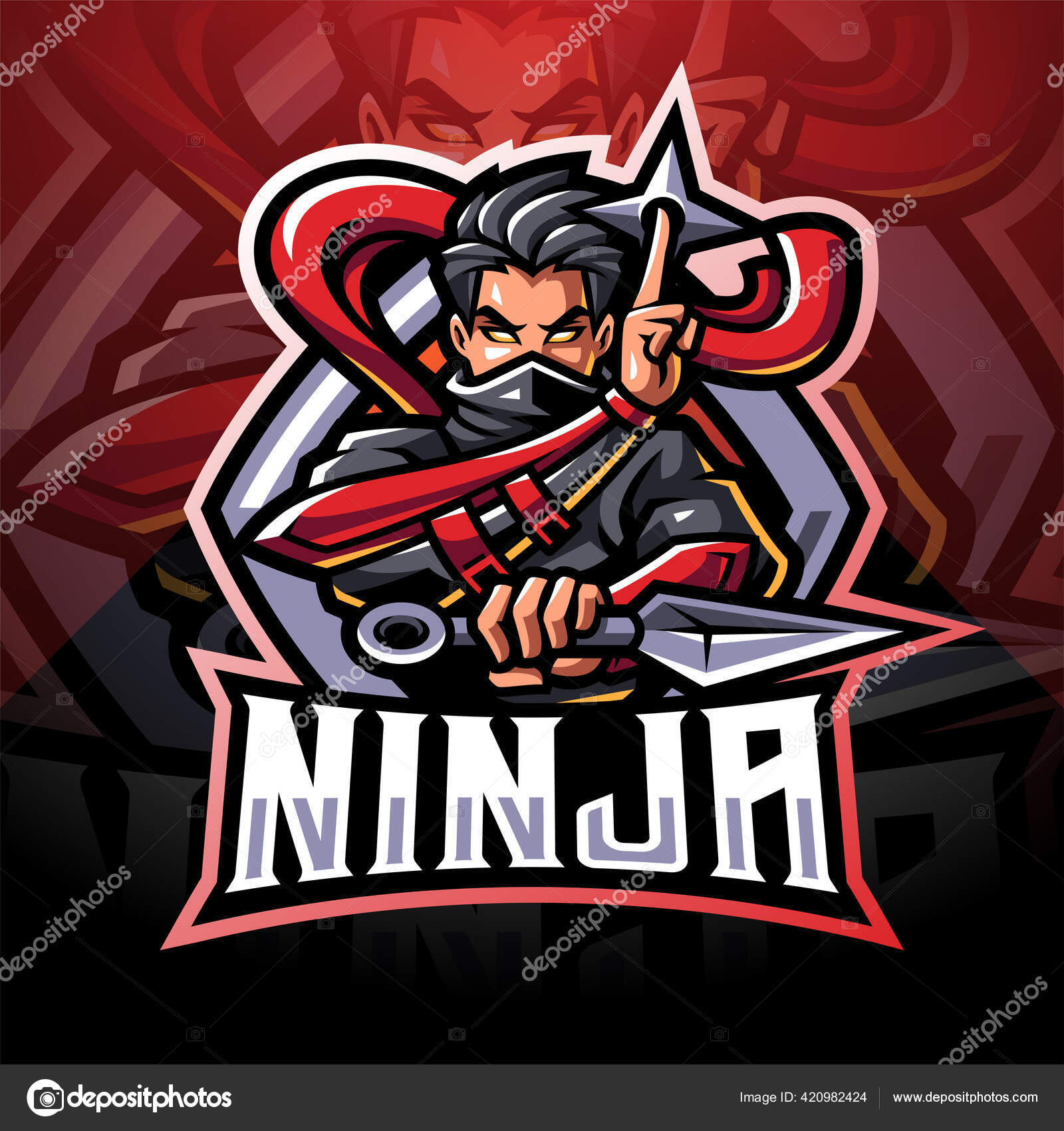 Mascote do logotipo ninja preto e branco design do logotipo ninja esport