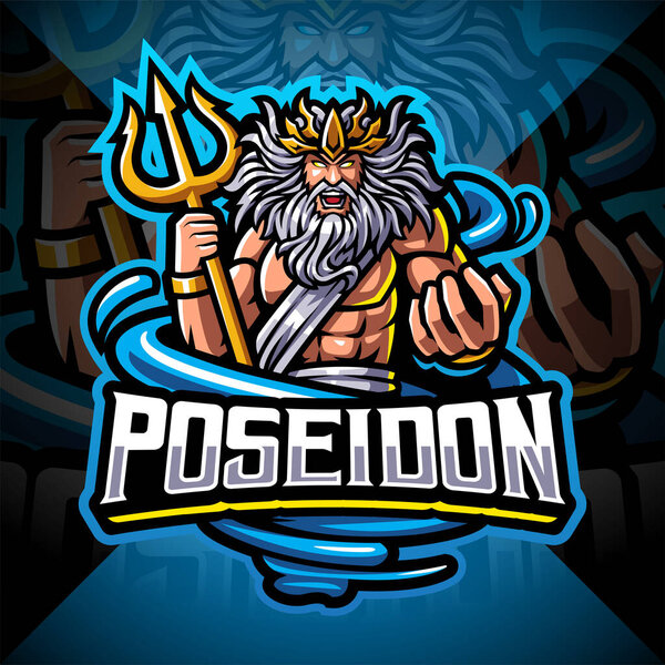 Poseidon esport mascot logo design with trident weapon
