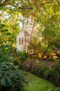 Bahçede hafif ve havadar döşenmiş bir güneş odası (konservatuar). İngiliz ülke tarzı.