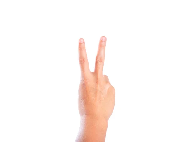 Elin Hareketi Parmağını Kaldır Beyaz Arkaplanda Zafer Işareti Işareti Gösteriliyor — Stok fotoğraf
