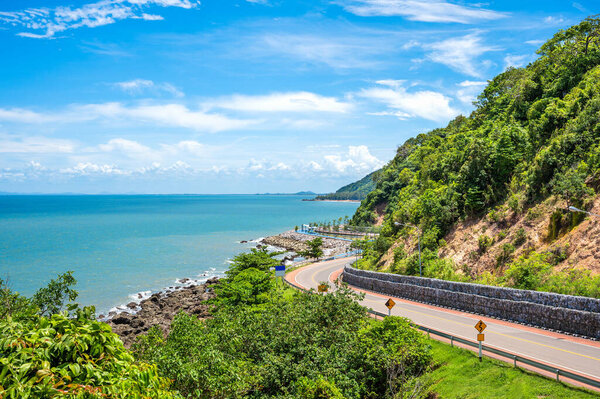 One of the most beautiful seaside roads in Thailand. Chalerm Burapha Chonlathit Highway look from Noen Nangphaya View Point , Chanthaburi, Thailand.