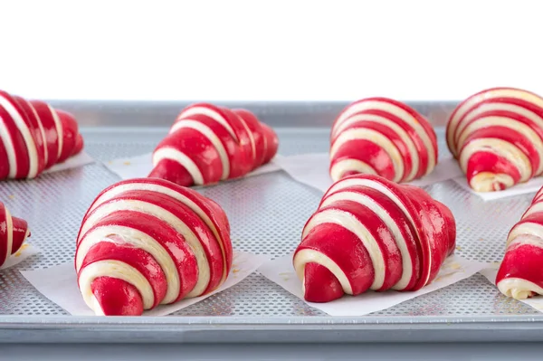 Close Raw Raspberry Croissants Baking Tray Classic French Pastry — Stock Photo, Image