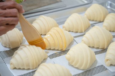 Evde klasik kruvasan pişirmek ve pişmemiş kruvasanlara yumurta fırçalamak..
