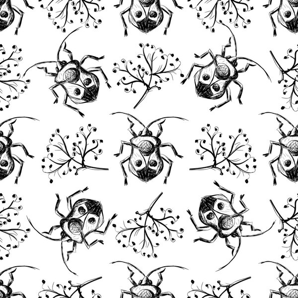 Hand drawn Sketch Beetles Seamless Pattern