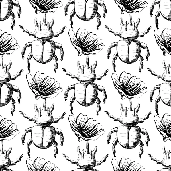 手描きスケッチのカブトムシのシームレス パターン — ストックベクタ