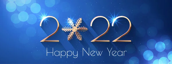 2022年の新年のテキストデザイン 金色の数字と雪の結晶とベクトル挨拶イラスト — ストック写真