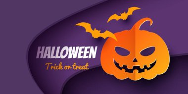 Turuncu Balkabağı ve Yarasalı Cadılar Bayramı Kâğıt Arkaplanı. Şaka mı şeker mi harfleri mi? Tatil tasarımları için vektör illüstrasyonu