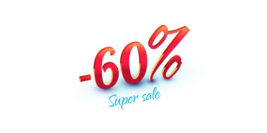 Beyaz arka planda% 60 kırmızı renkli sayılar izole edildi. Süper satış metni. Sezonluk reklam tasarımı için satış sembolü