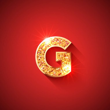 Kırmızı arka planda parlayan Altın Harf G. İngiliz alfabesi. Tatil dekorasyonu, satış teklifleri, doğum günü, yeni yıl, Noel veya kumarhane tasarımları için..