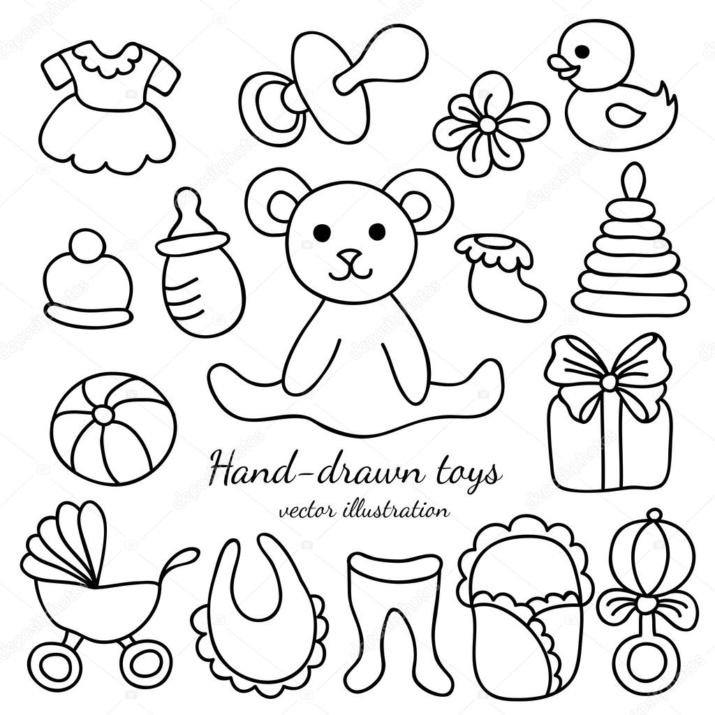 conjunto de brinquedos e produtos de bebê desenhados à mão