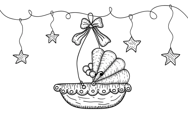 Illustrazione disegnata a mano con culla appesa e stelle — Vettoriale Stock