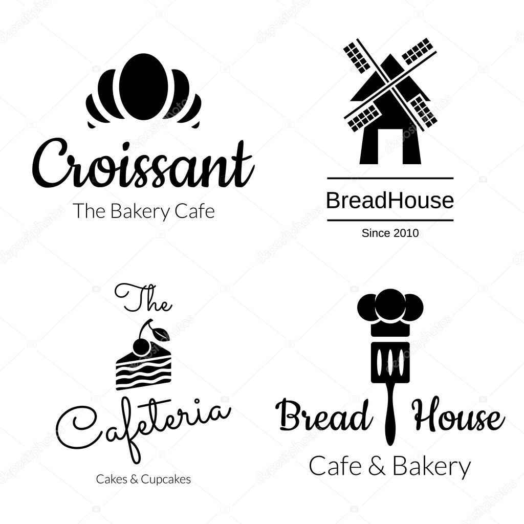 Black bakery logo set. Croissant, Cake, Mill Elements. Vector design