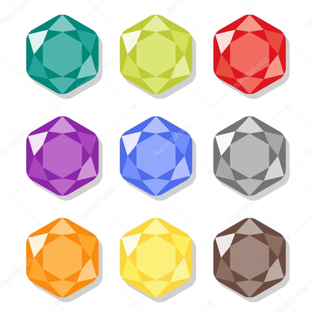 Cartoon hexagon gems icons set