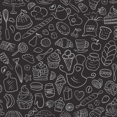 Pişmiş kek, meyve, mutfak araçları işaretler