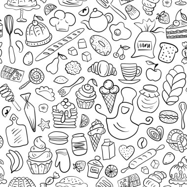 Pişmiş kek, meyve, mutfak araçları işaretler