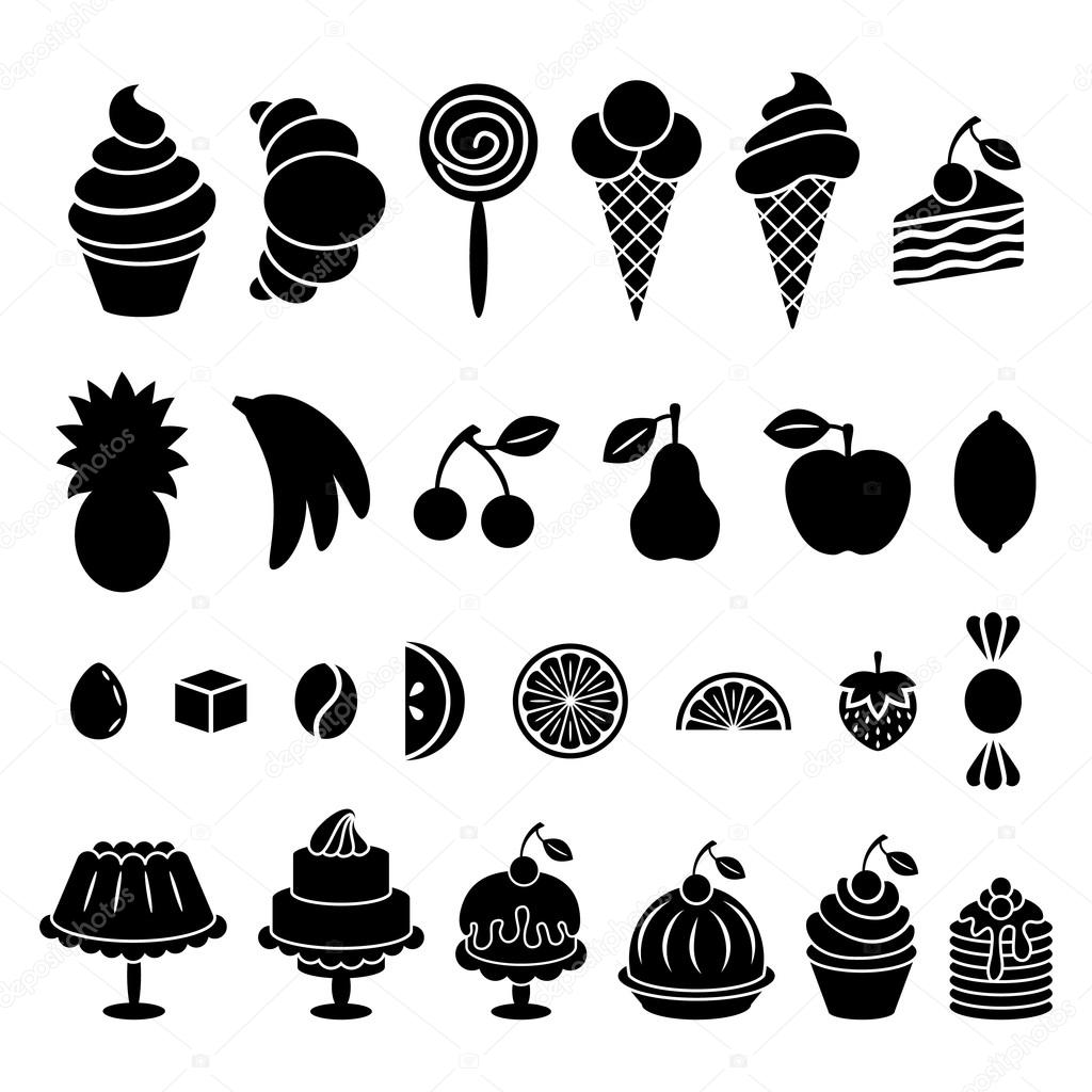Sweet baked food and fruit silhouettes