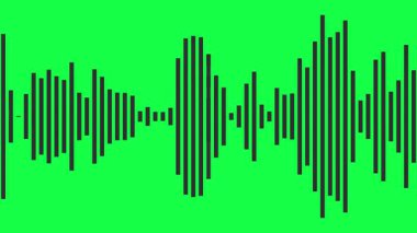 Parlak yeşil arkaplanda titreşen siyah çubuklarla soyut ses dalgası görselleştirmesi. ritmik dikey çubuklarla dinamik ses dalgası animasyonu, dijital medya, podcast, müzik temaları için ideal