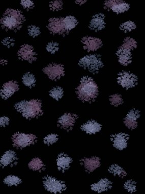 Siyah arka planda pembe çiçeklerin boyanmış tomurcukları. Paketleme için çizim. Kaotik bir şekilde çizilmiş soyut çiçekler.