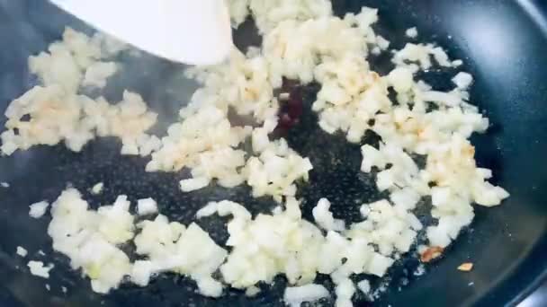 Fry onions with minced meat in a pan. — Stock Video