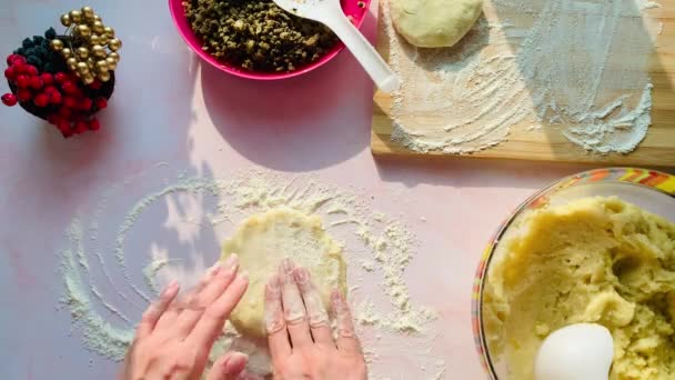 A woman prepares flat cakes with minced meat. — Vídeo de stock