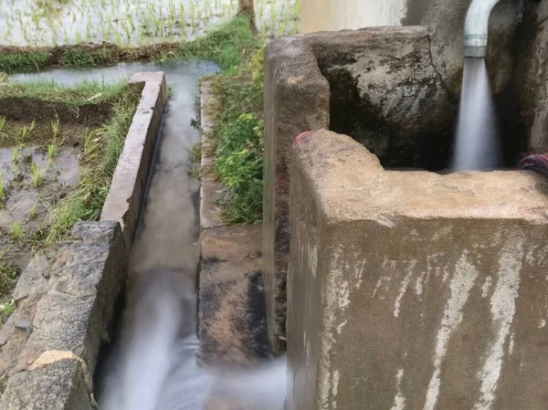 用潜水泵抽水进入农业天然稻田的渠道的水 — 图库照片