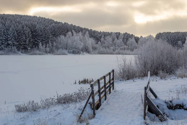 Wooden entrance to the forest near the frozen lake near the forest, all covered in snow. Dramatic sky with clouds over the winter forest and lake. Winter and frosty nature.