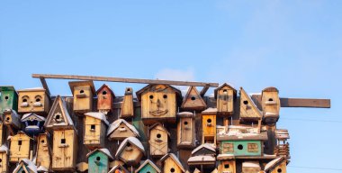 Kuş yeminin çok farklı türleri vardır. Kuş evleri ahşap bir çite asılır.
