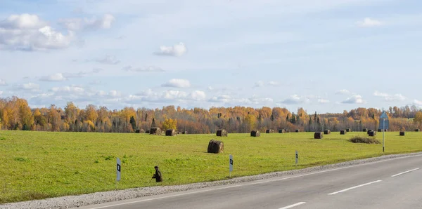 Sonbaharda saman balyalarıyla tarlalar arasında yol. Güzel, altın sonbahar — Stok fotoğraf