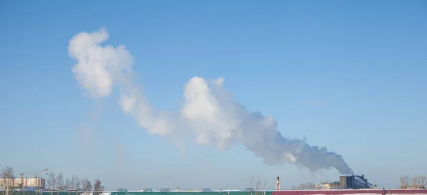 White Thick Smoke Boiler Room Chimney Smoke Blue Sky Air — Stock Photo, Image