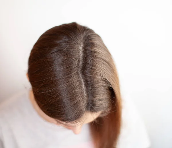 A woman's head with a parting of gray hair that has grown roots due to quarantine. Brown hair on a woman's head close-up.