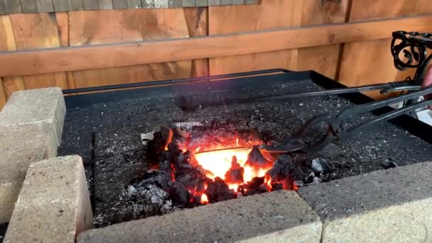 Carbón Quemado Para Calentar Metal Calentar Cuchillo Horno Herrero Sobre — Vídeo de stock