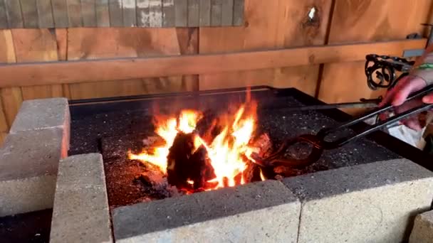 烧煤加热金属 把刀放在铁匠的烤箱里加热在燃烧的煤块上 红热金属制锻造船 — 图库视频影像