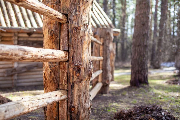 Duże Drewniane Słupy Ogrodzenia Które Otaczają Stary Drewniany Dom Lesie — Zdjęcie stockowe
