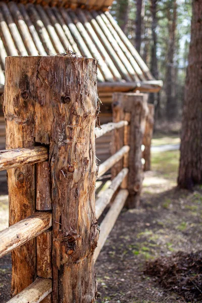 Duże drewniane słupy ogrodzenia, które otaczają stary drewniany dom w lesie — Zdjęcie stockowe
