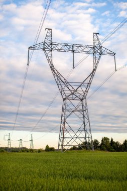 Metal kutuplar yazın tarlalardaki yüksek voltajlı kablolar için elektrik destekleri. Yüksek voltaj kutupları veya elektrik kulesi yeşil alan enerji teknolojisi kavramında yüksek voltajlı iletim yeridir.