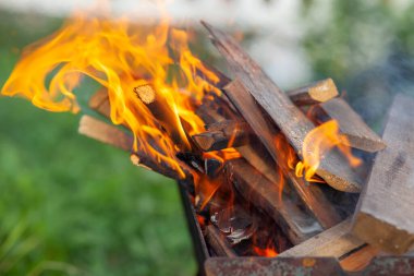 Izgaradaki yakacak odun, doğal yeşil arka planda parlak turuncu bir ateş alevi ile yanıyor. Doğada ızgarada et pişirme hazırlığı. Ateş ve duman 