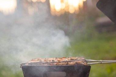 Izgarada bir sürü sulu et kebabı var. Gün batımında et parçaları ızgarada metal şişler üzerine asılmış. Çok dumanlı kebap pişirme süreci. Doğada yemek pişirmek