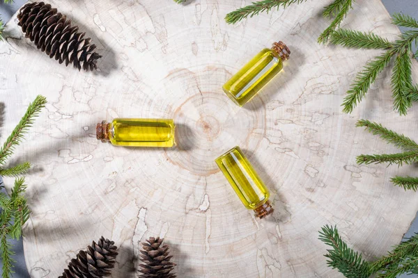 Christmas Aromatherapy Spa Creative Concept Small Glass Bottles Coniferous Spa — Stock Photo, Image